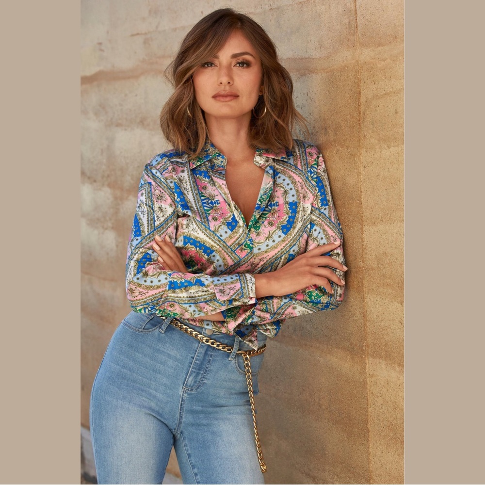 BOSTON PROPER | Baroque Scroll Floral Print Sophia Silky Charmeuse Blouse